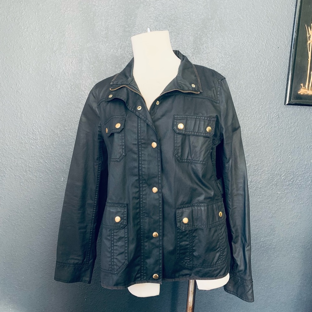 J.Crew Jacket waterproof waxed-cotton brass Large Women brass buttons & zipper